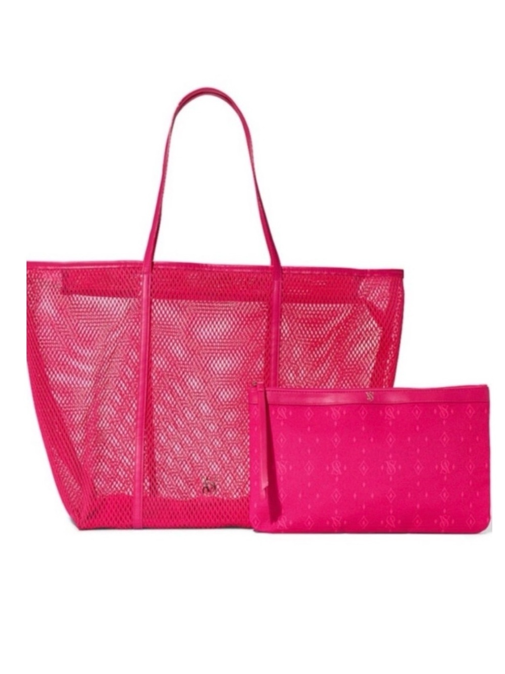 New 2 pc Victoria's Secret Hot Pink Mesh Tote Beach Bag & Logo Pouch